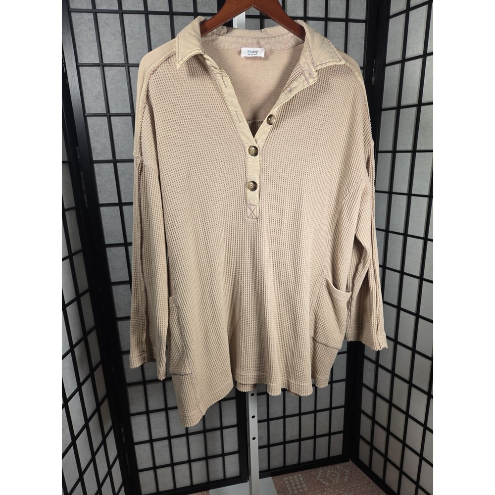 Bluivy Tan Granola Minimalist Waffle Knit  Oversized Tunic Beige Large